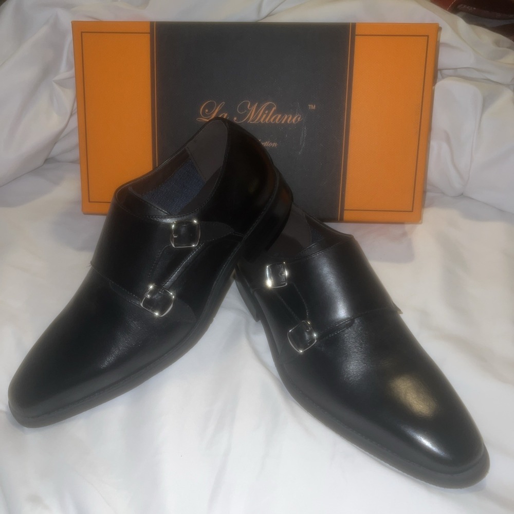 New La Milano Men's Clark Leather Double Monk Strap Dress Shoes Black Size 10 M